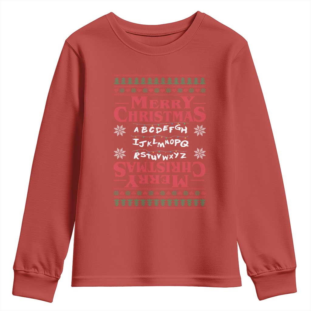 Funny Stranger Xmas Youth Sweatshirt Merry Christmas Alphabet Neon Lights Movie - Wonder Print Shop