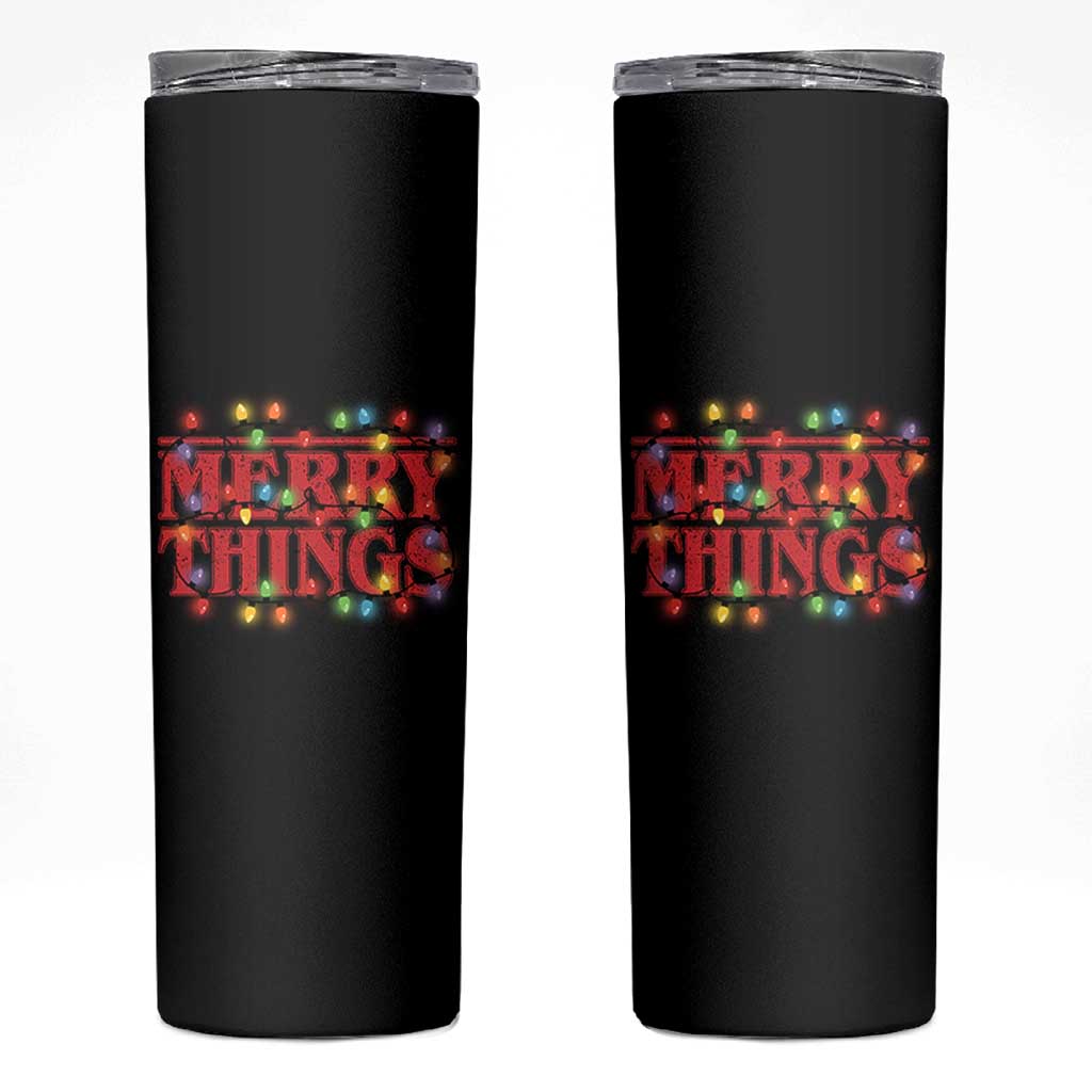 Funny Stranger Christmas Skinny Tumbler Merry Things Xmas Movie Neon Lights - Wonder Print Shop