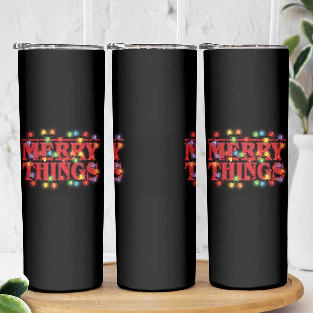 Funny Stranger Christmas Skinny Tumbler Merry Things Xmas Movie Neon Lights - Wonder Print Shop