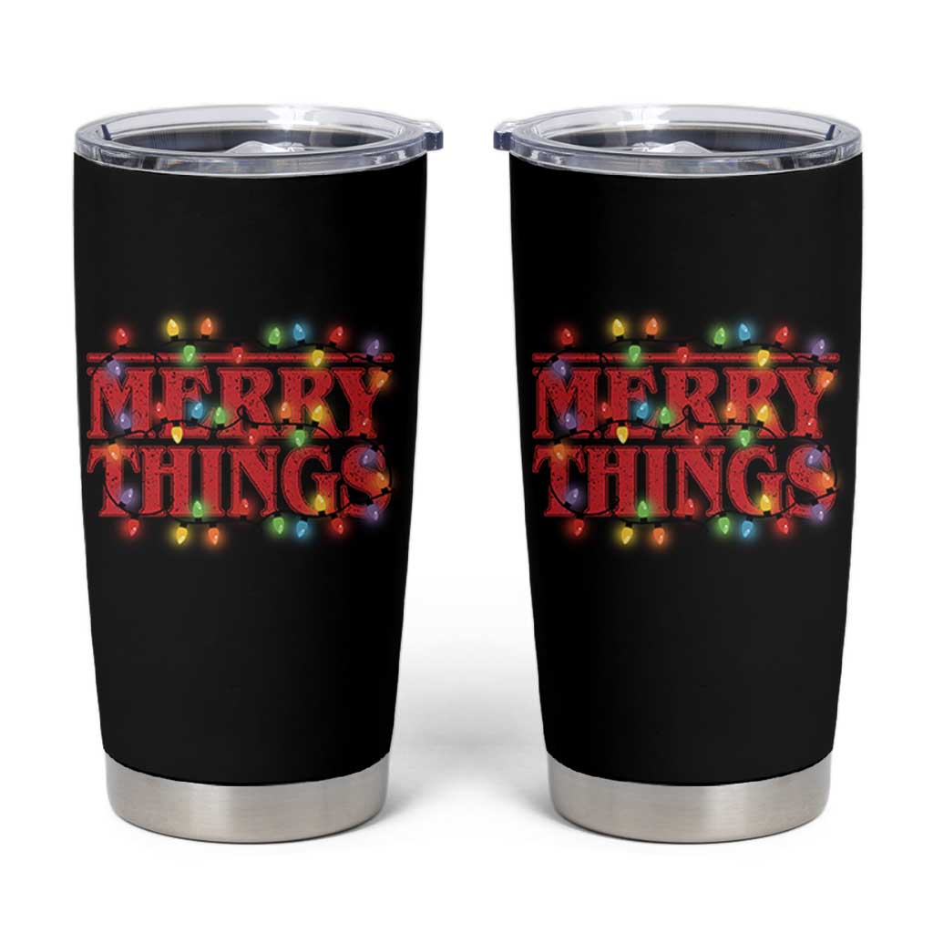 Funny Stranger Christmas Tumbler Cup Merry Things Xmas Movie Neon Lights - Wonder Print Shop