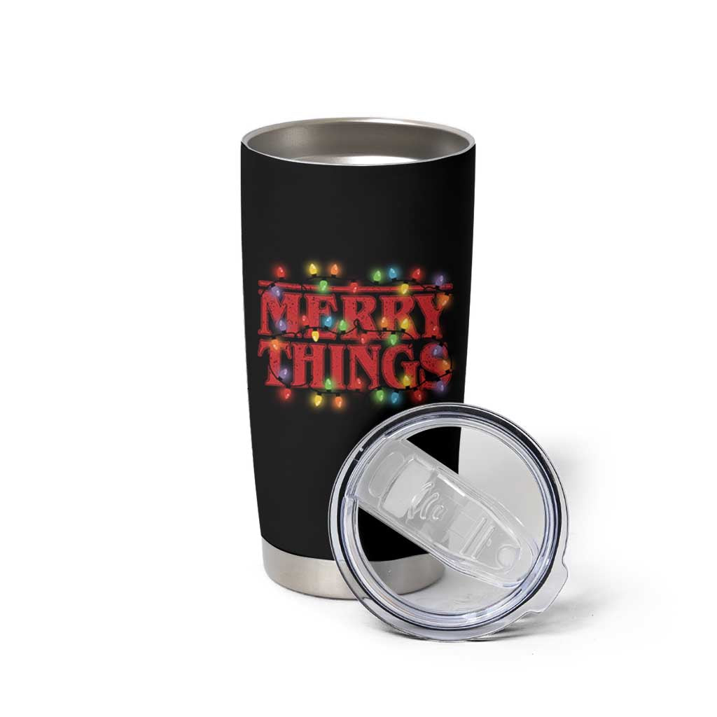 Funny Stranger Christmas Tumbler Cup Merry Things Xmas Movie Neon Lights - Wonder Print Shop