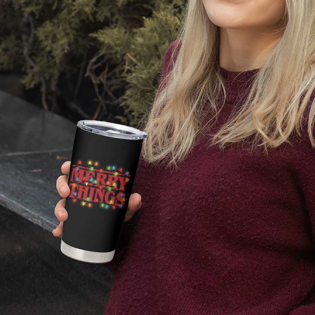 Funny Stranger Christmas Tumbler Cup Merry Things Xmas Movie Neon Lights - Wonder Print Shop