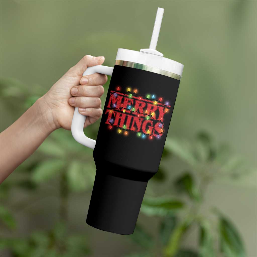 Funny Stranger Christmas Tumbler With Handle Merry Things Xmas Movie Neon Lights - Wonder Print Shop