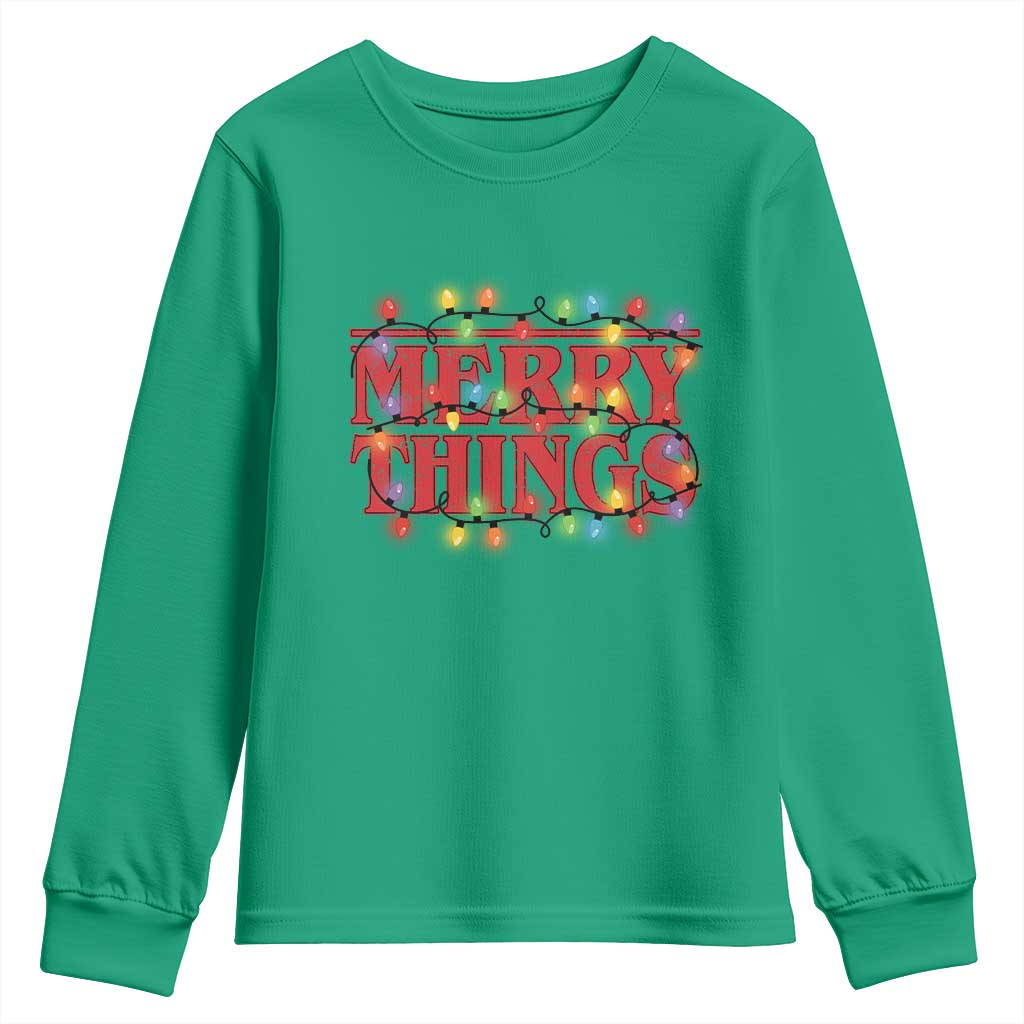 Funny Stranger Christmas Youth Sweatshirt Merry Things Xmas Movie Neon Lights - Wonder Print Shop