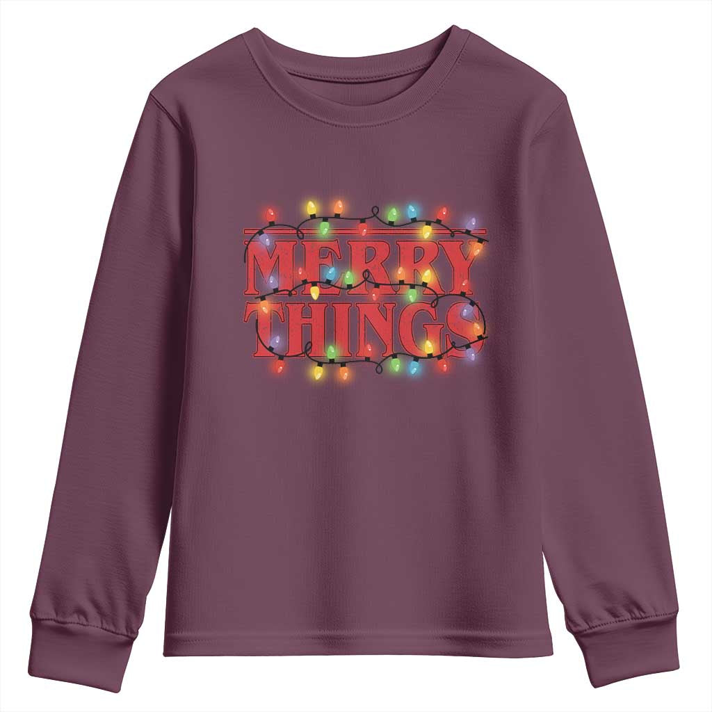 Funny Stranger Christmas Youth Sweatshirt Merry Things Xmas Movie Neon Lights - Wonder Print Shop