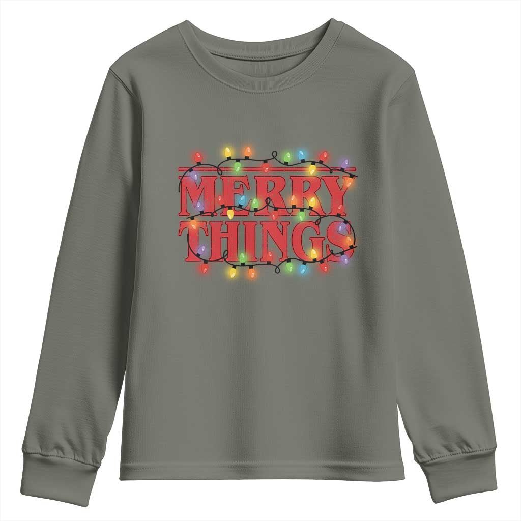 Funny Stranger Christmas Youth Sweatshirt Merry Things Xmas Movie Neon Lights - Wonder Print Shop