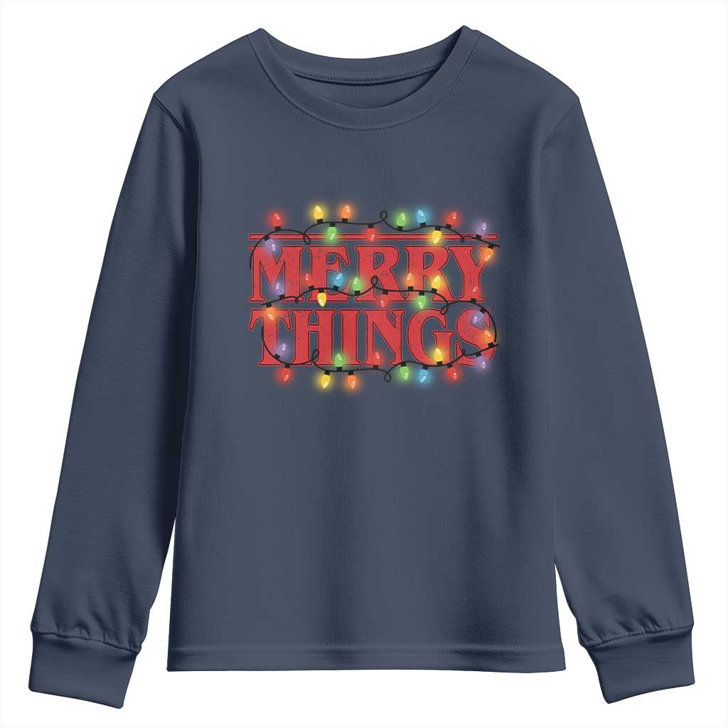 Funny Stranger Christmas Youth Sweatshirt Merry Things Xmas Movie Neon Lights - Wonder Print Shop