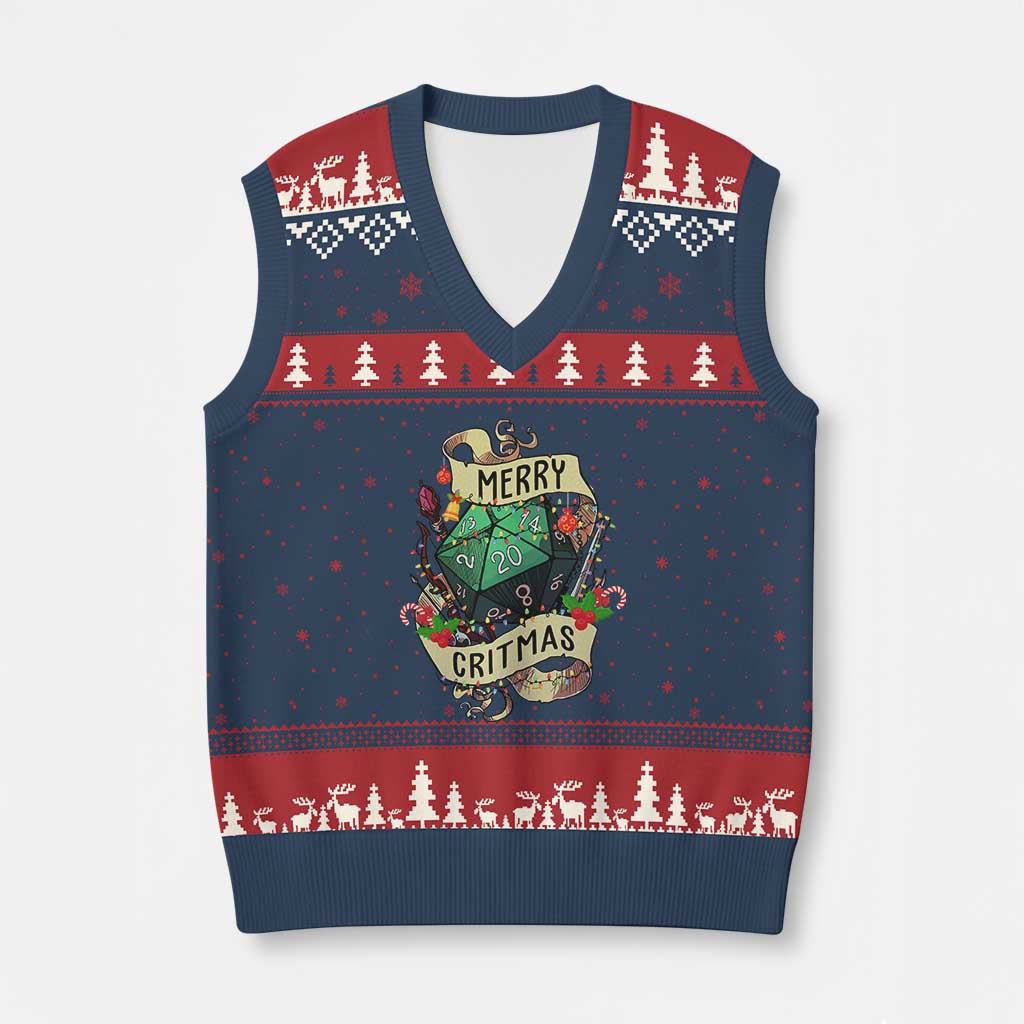 Funny Xmas Tabletop RPG V-Neck Knit Sweater Vest Merry Critmas D20 RPG Gamer Gaming - Wonder Print Shop