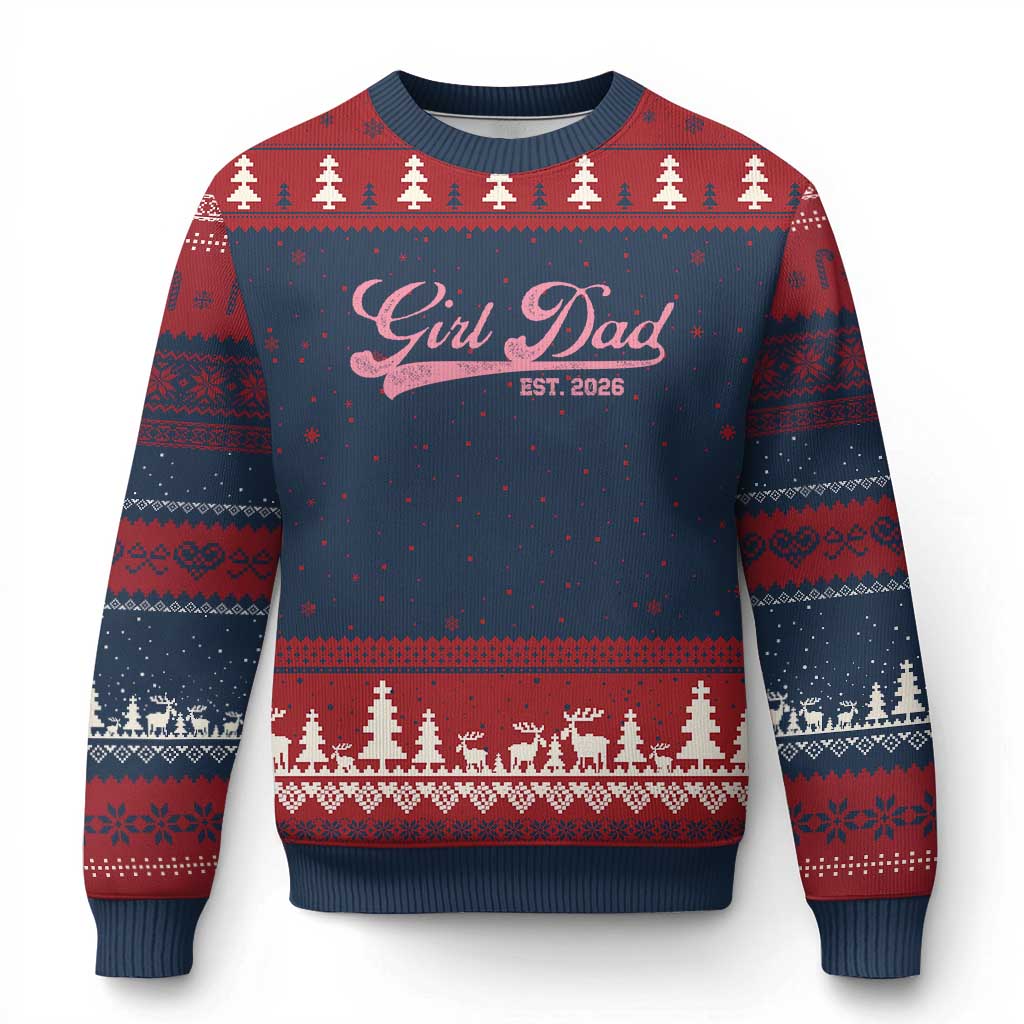 Girl Dad Est 2026 Ugly Christmas Sweater Dad Of Girl 2026 Pink Baby Announcement - Wonder Print Shop