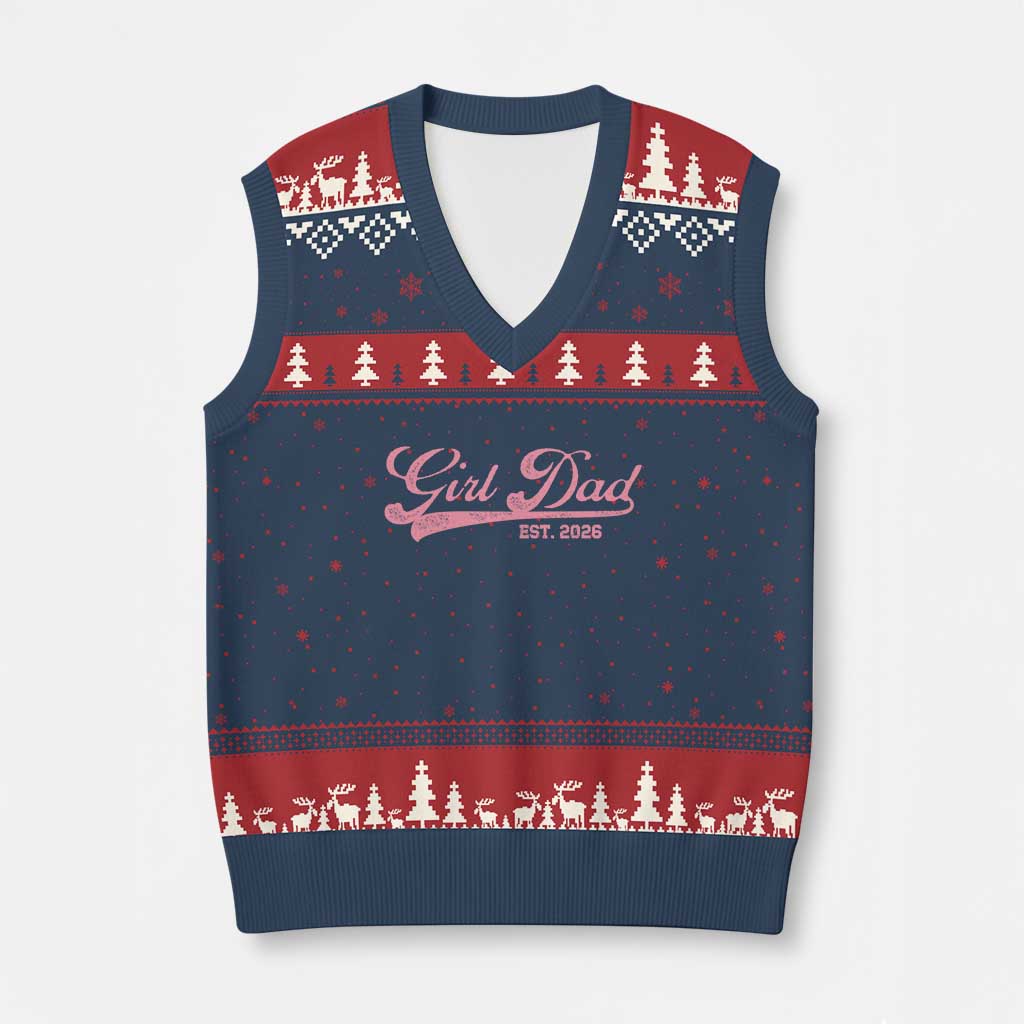 Girl Dad Est 2026 V-Neck Knit Sweater Vest Dad Of Girl 2026 Pink Baby Announcement - Wonder Print Shop