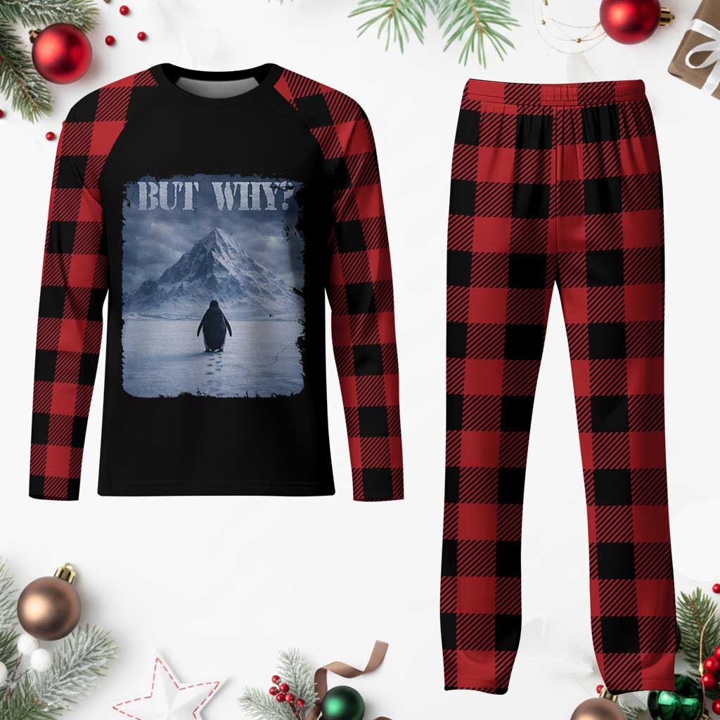 Nihilist Penguin But Why Plaid Pajama Set Snow Mountains Motivational Penguin Meme