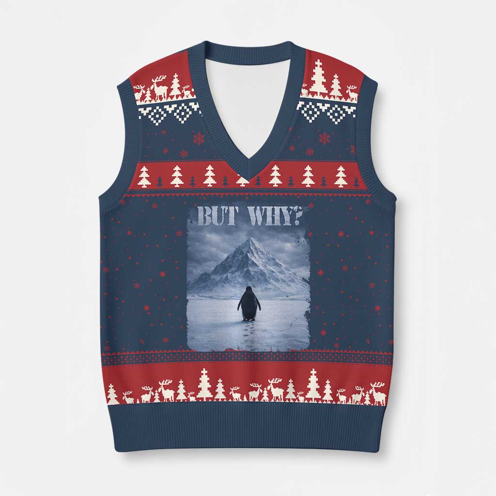 Nihilist Penguin But Why V-Neck Knit Sweater Vest Snow Mountains Motivational Penguin Meme