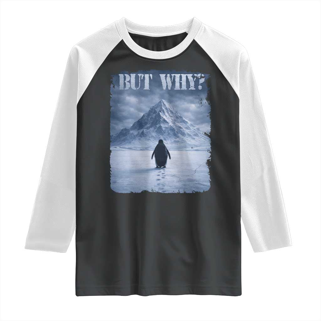 Nihilist Penguin But Why Raglan Shirt Snow Mountains Motivational Penguin Meme