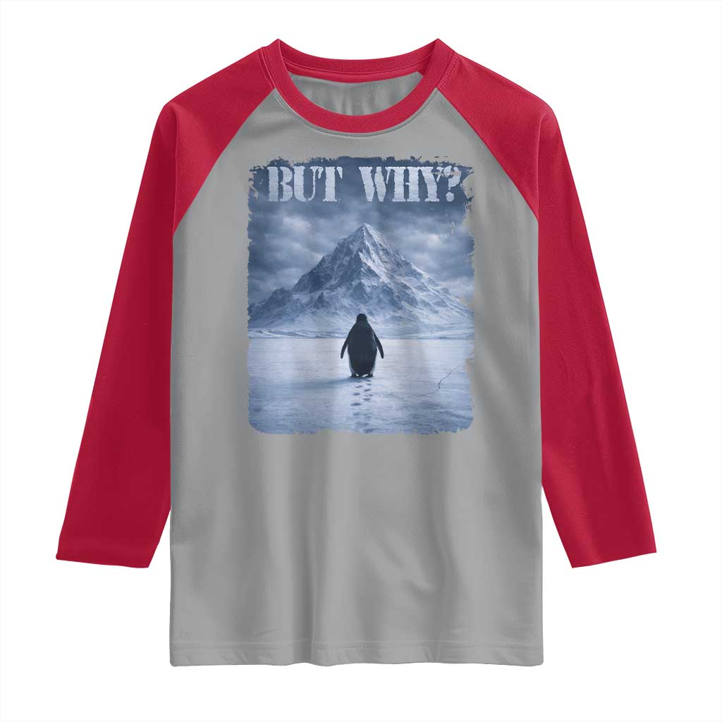 Nihilist Penguin But Why Raglan Shirt Snow Mountains Motivational Penguin Meme