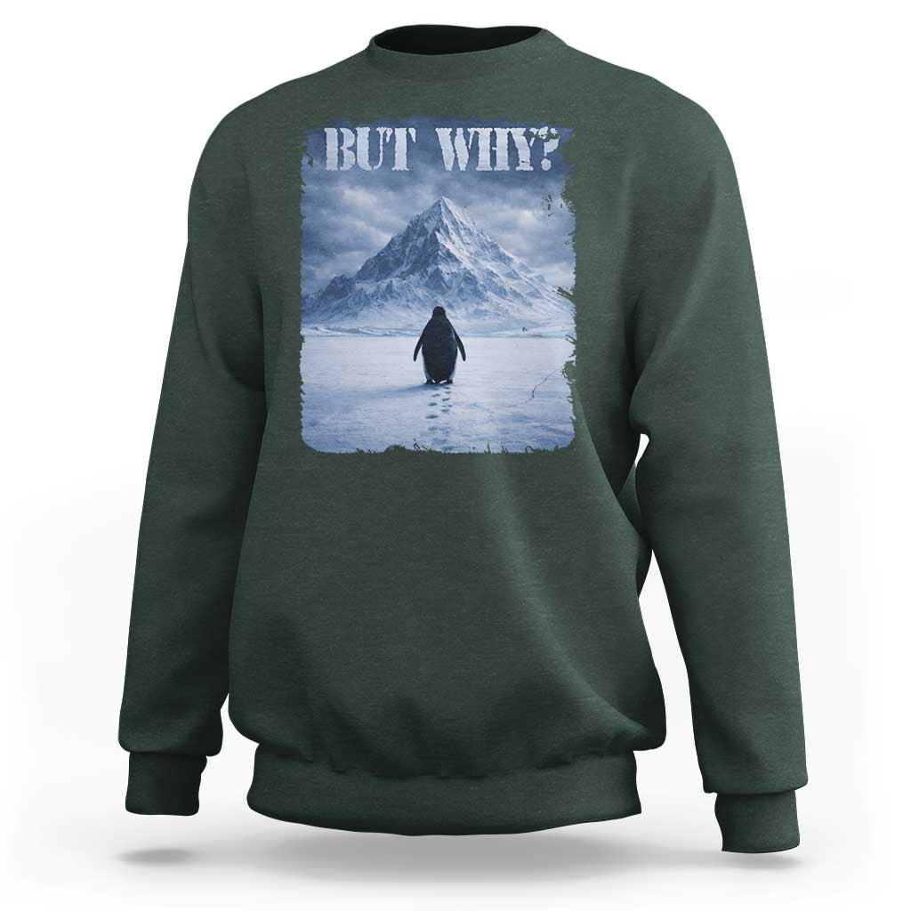 Nihilist Penguin But Why Sweatshirt Snow Mountains Motivational Penguin Meme