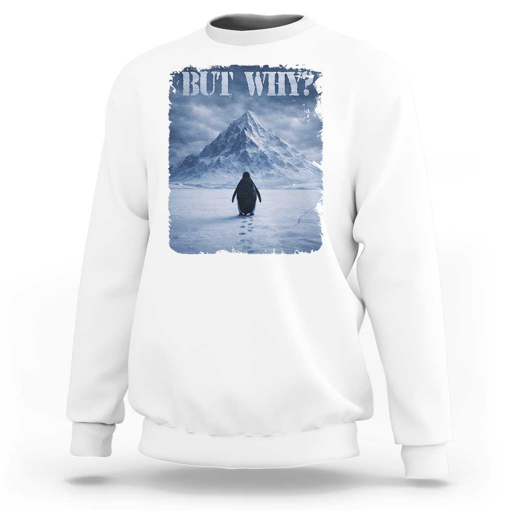 Nihilist Penguin But Why Sweatshirt Snow Mountains Motivational Penguin Meme