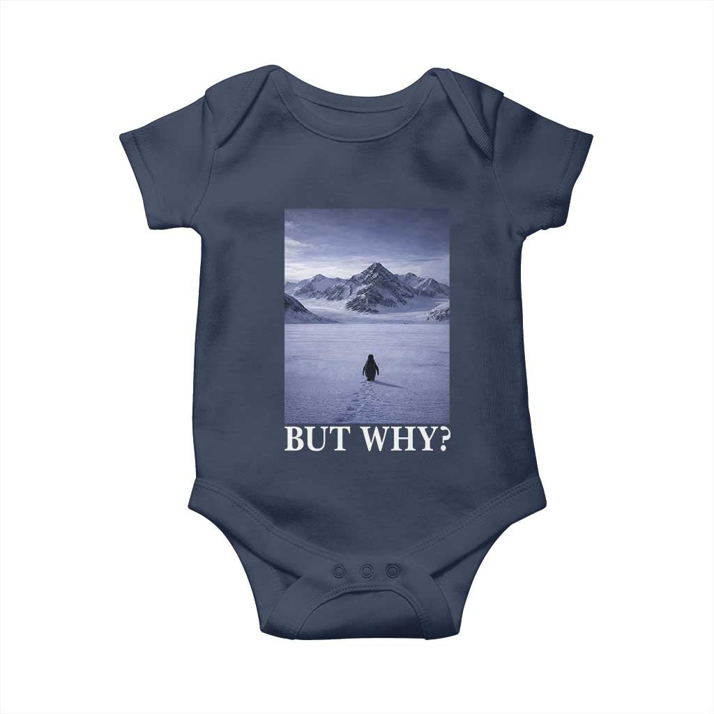 Nihilist Penguin But Why Baby Onesie Lone Penguin Walking Toward Mountain Meme