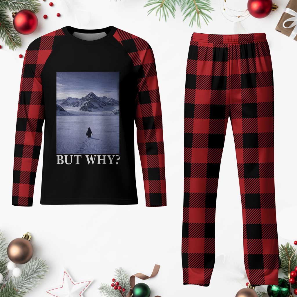 Nihilist Penguin But Why Plaid Pajama Set Lone Penguin Walking Toward Mountain Meme