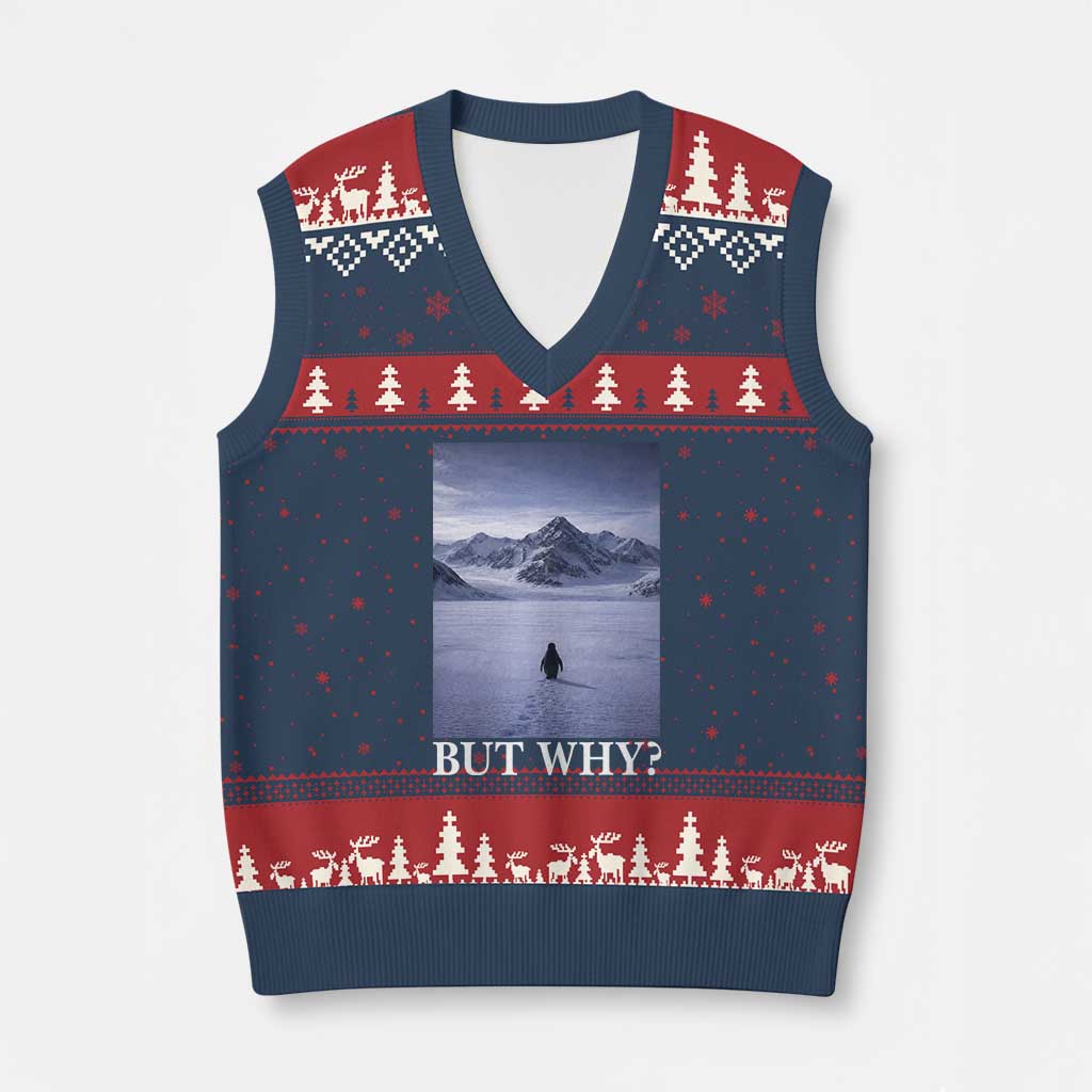 Nihilist Penguin But Why V-Neck Knit Sweater Vest Lone Penguin Walking Toward Mountain Meme