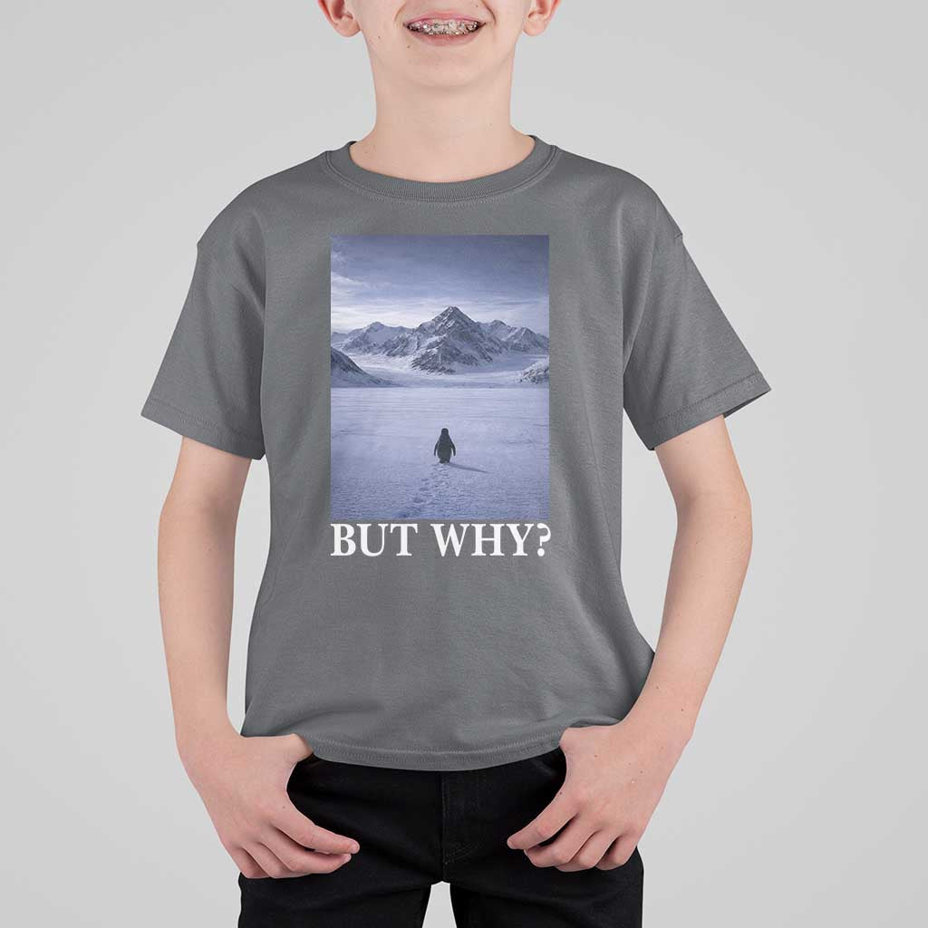 Nihilist Penguin But Why T Shirt For Kid Lone Penguin Walking Toward Mountain Meme