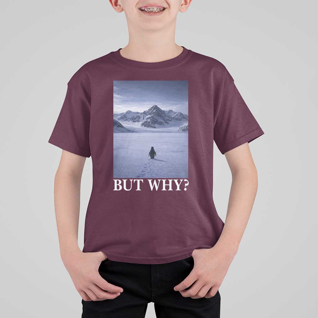 Nihilist Penguin But Why T Shirt For Kid Lone Penguin Walking Toward Mountain Meme