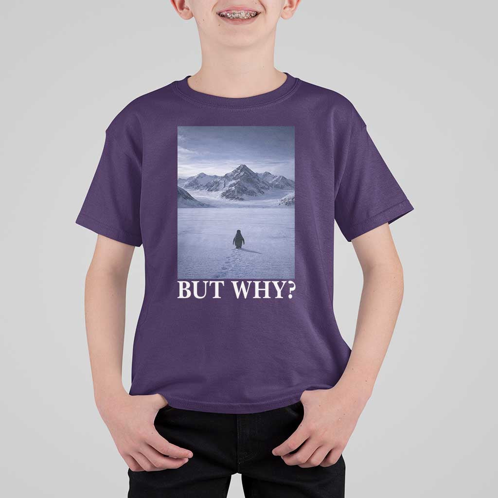 Nihilist Penguin But Why T Shirt For Kid Lone Penguin Walking Toward Mountain Meme