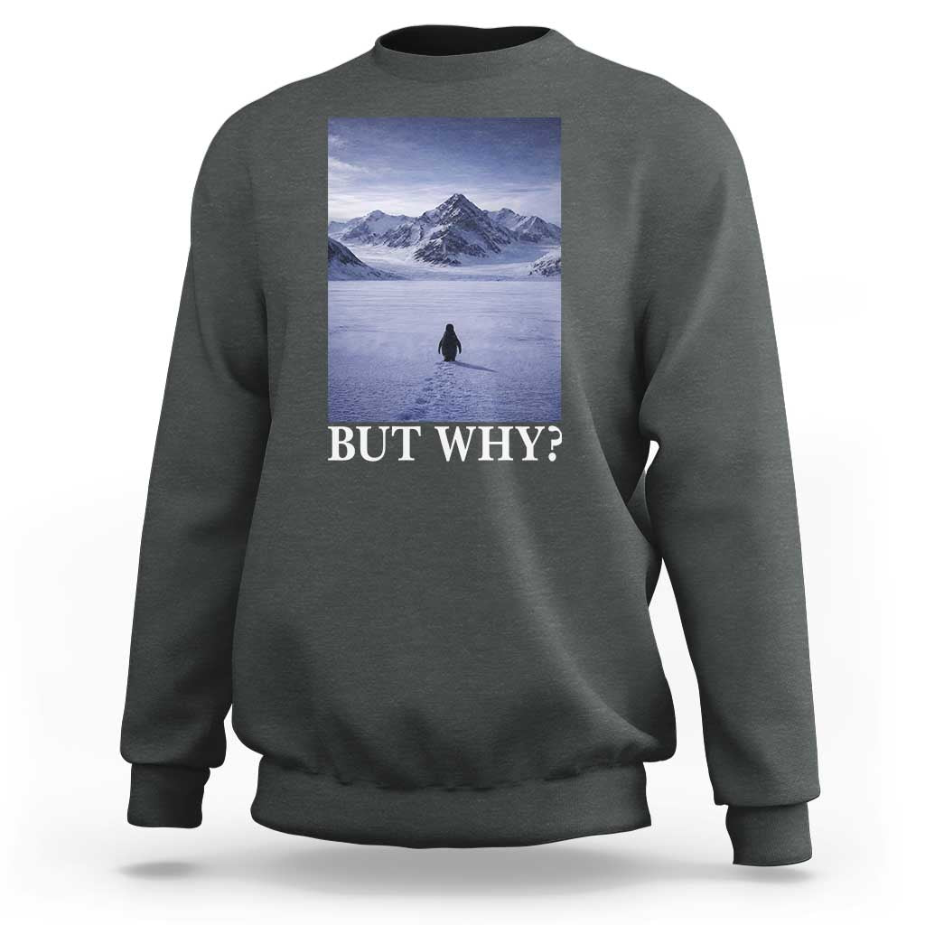 Nihilist Penguin But Why Sweatshirt Lone Penguin Walking Toward Mountain Meme