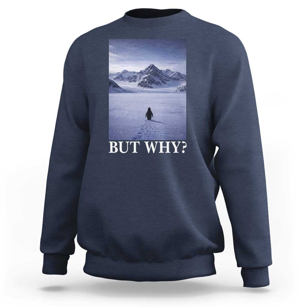 Nihilist Penguin But Why Sweatshirt Lone Penguin Walking Toward Mountain Meme