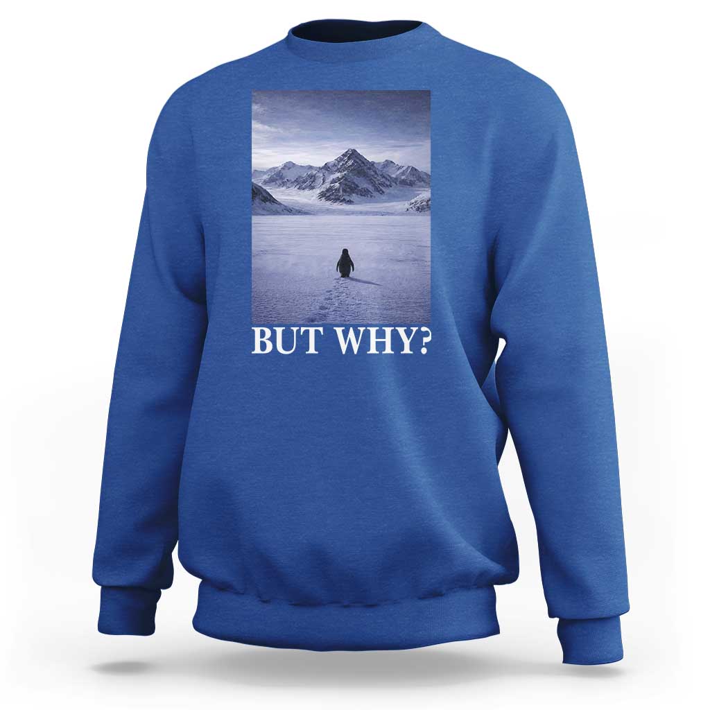 Nihilist Penguin But Why Sweatshirt Lone Penguin Walking Toward Mountain Meme