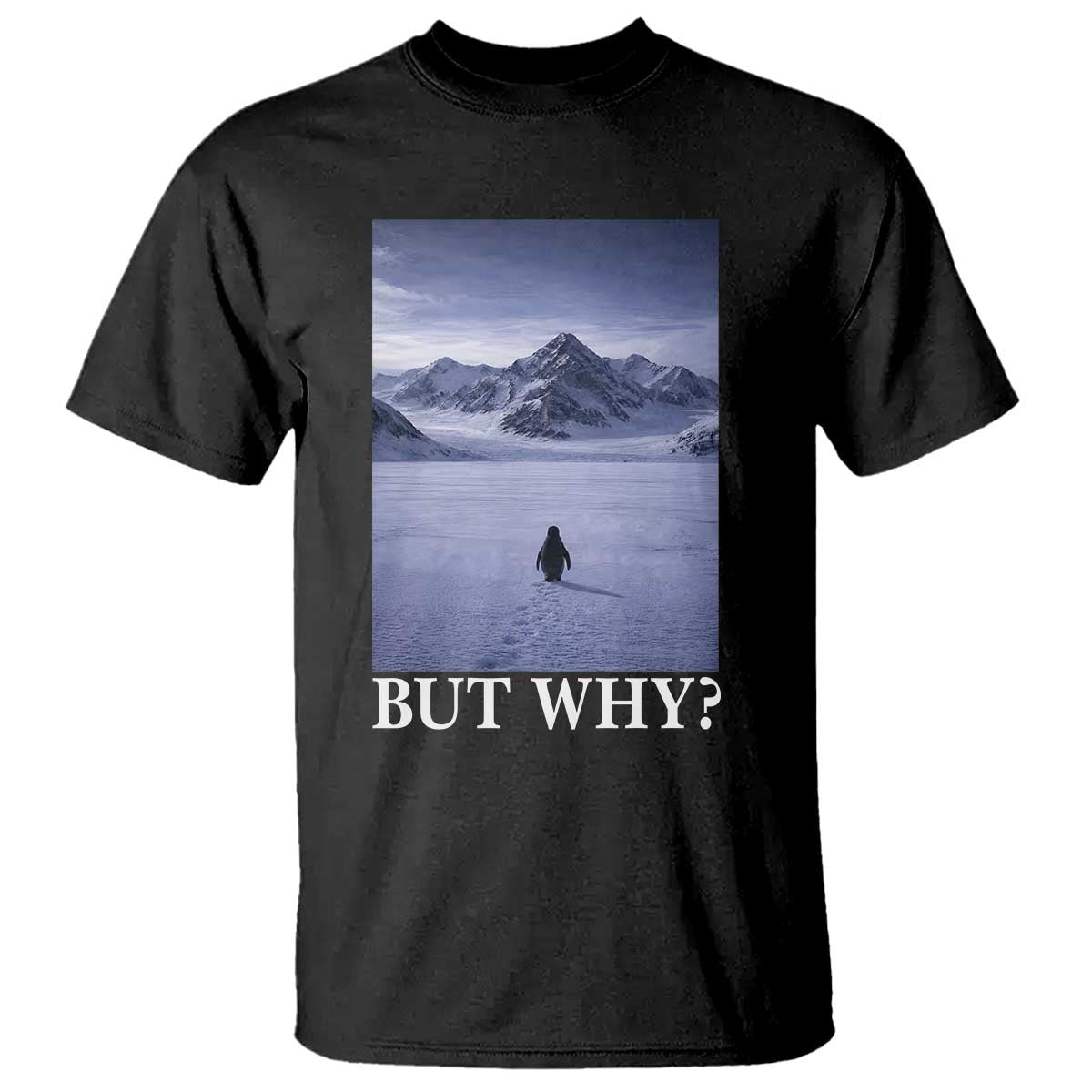 Nihilist Penguin But Why T Shirt Lone Penguin Walking Toward Mountain Meme