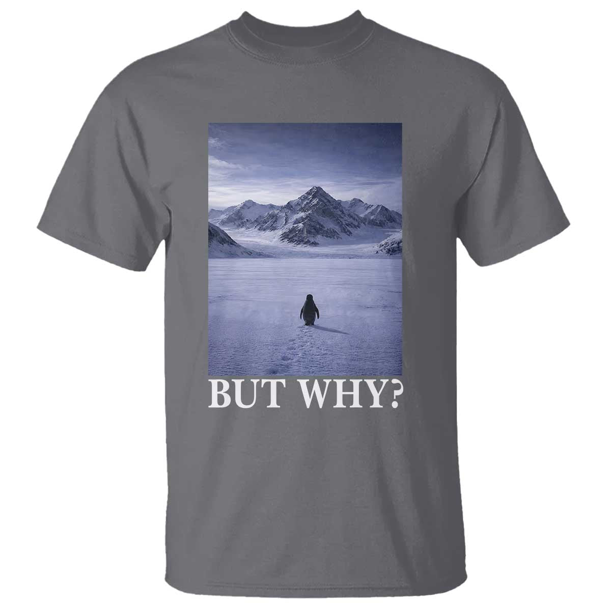 Nihilist Penguin But Why T Shirt Lone Penguin Walking Toward Mountain Meme