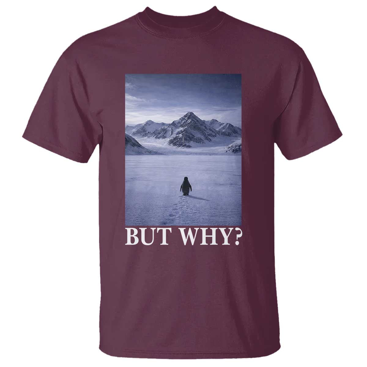 Nihilist Penguin But Why T Shirt Lone Penguin Walking Toward Mountain Meme