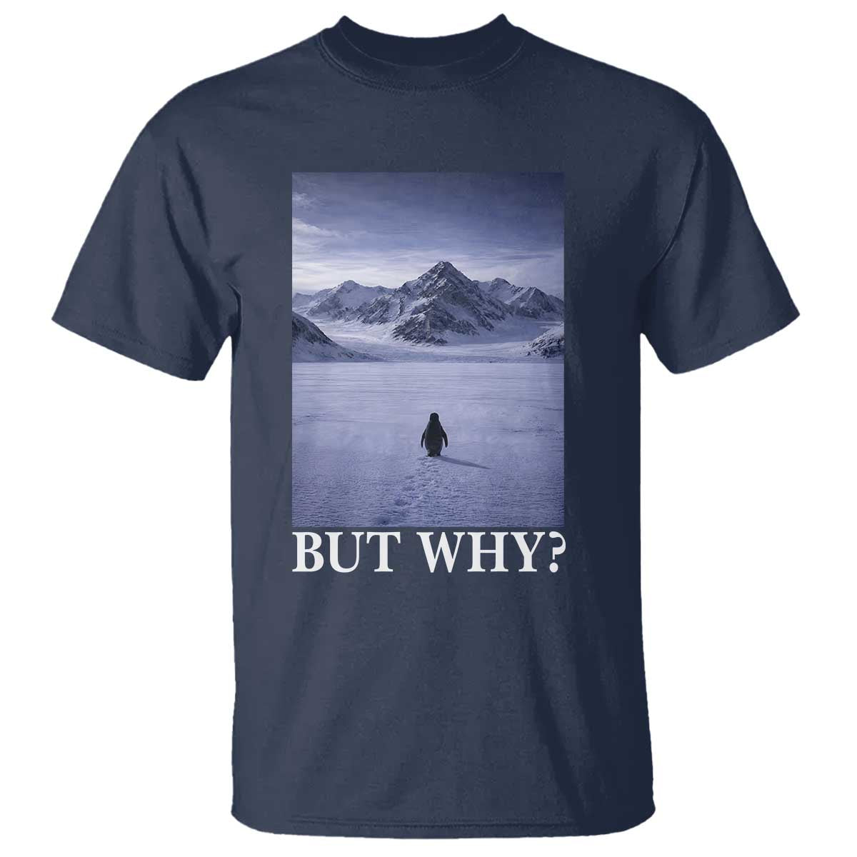 Nihilist Penguin But Why T Shirt Lone Penguin Walking Toward Mountain Meme