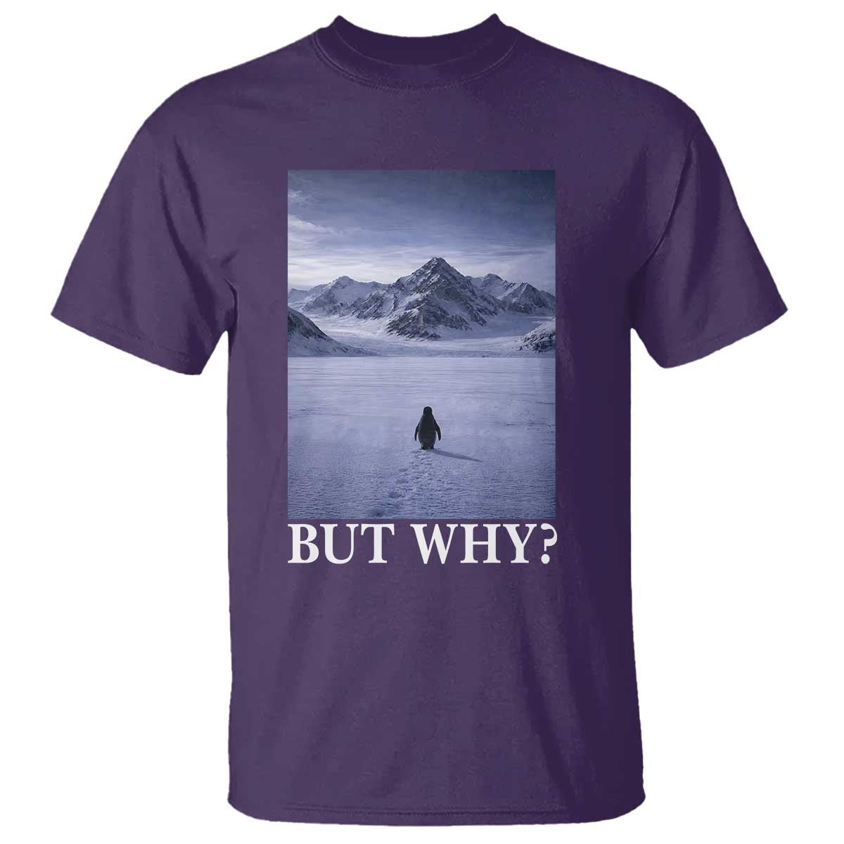 Nihilist Penguin But Why T Shirt Lone Penguin Walking Toward Mountain Meme