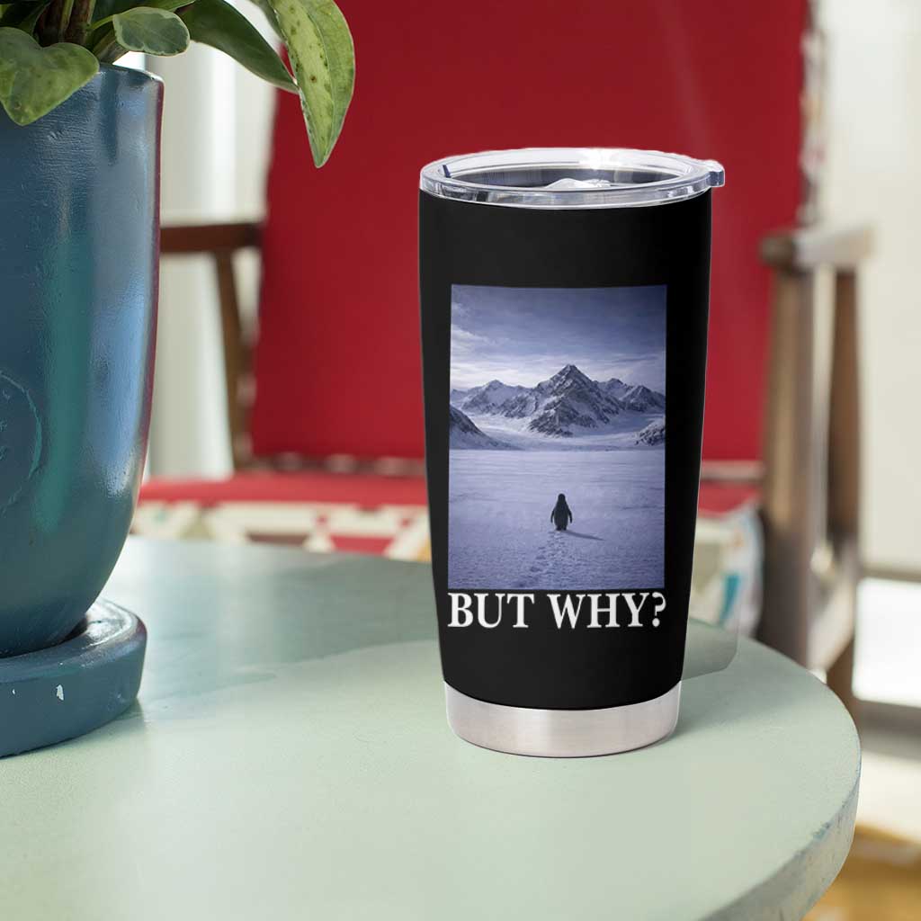 Nihilist Penguin But Why Tumbler Cup Lone Penguin Walking Toward Mountain Meme