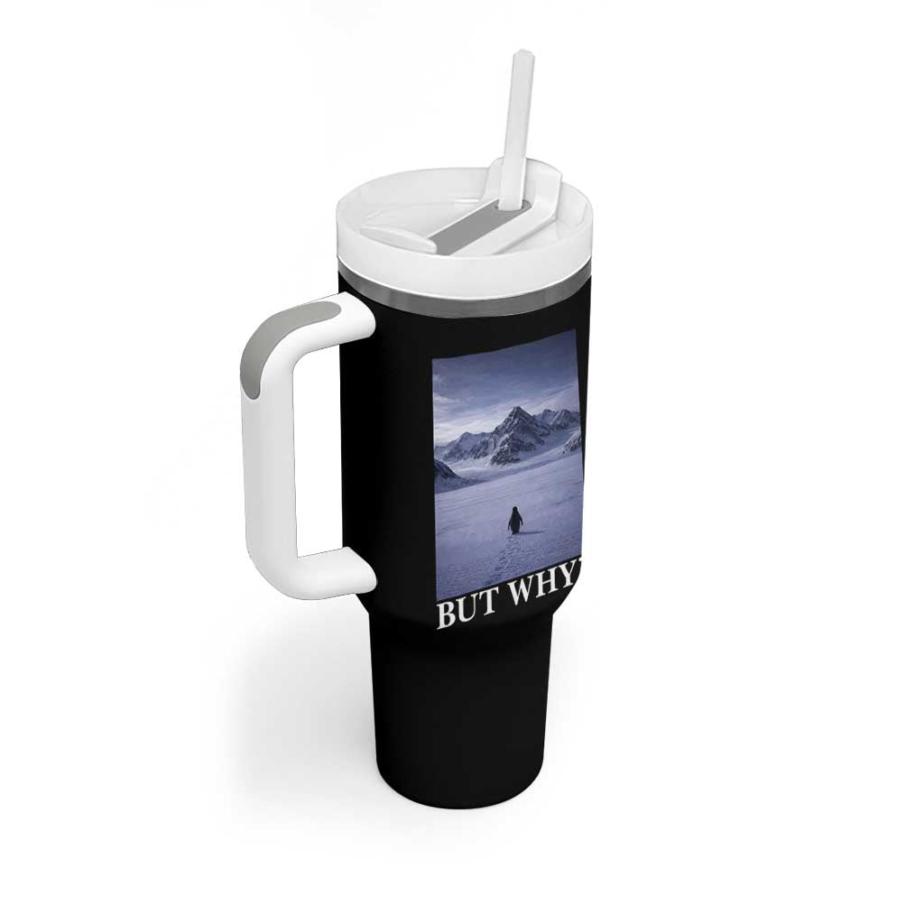 Nihilist Penguin But Why Tumbler With Handle Lone Penguin Walking Toward Mountain Meme