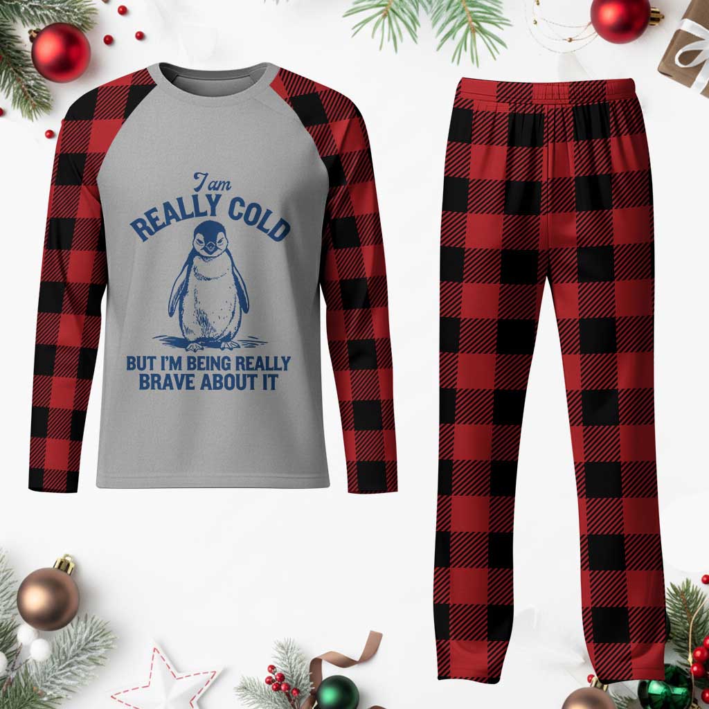 I Am Really Cold But I'm Being Really Brave About It Penguin Plaid Pajama Set