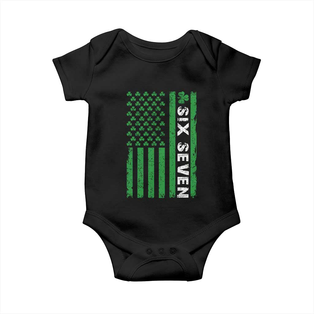 Six Seven 67 St Patricks Day Shamrock Vintage American Flag Baby Onesie