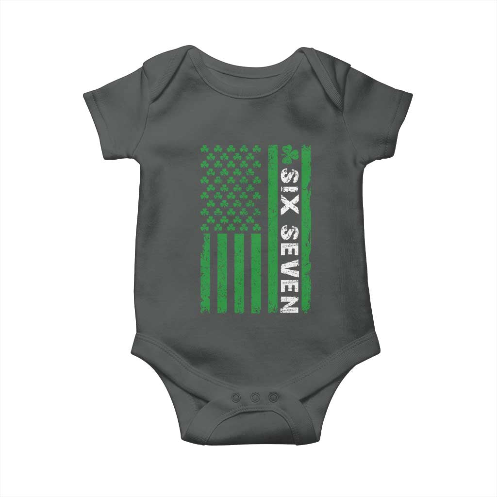 Six Seven 67 St Patricks Day Shamrock Vintage American Flag Baby Onesie