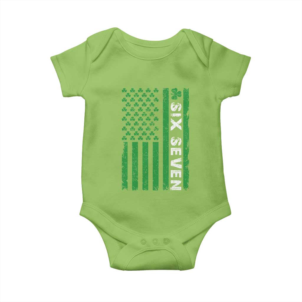 Six Seven 67 St Patricks Day Shamrock Vintage American Flag Baby Onesie