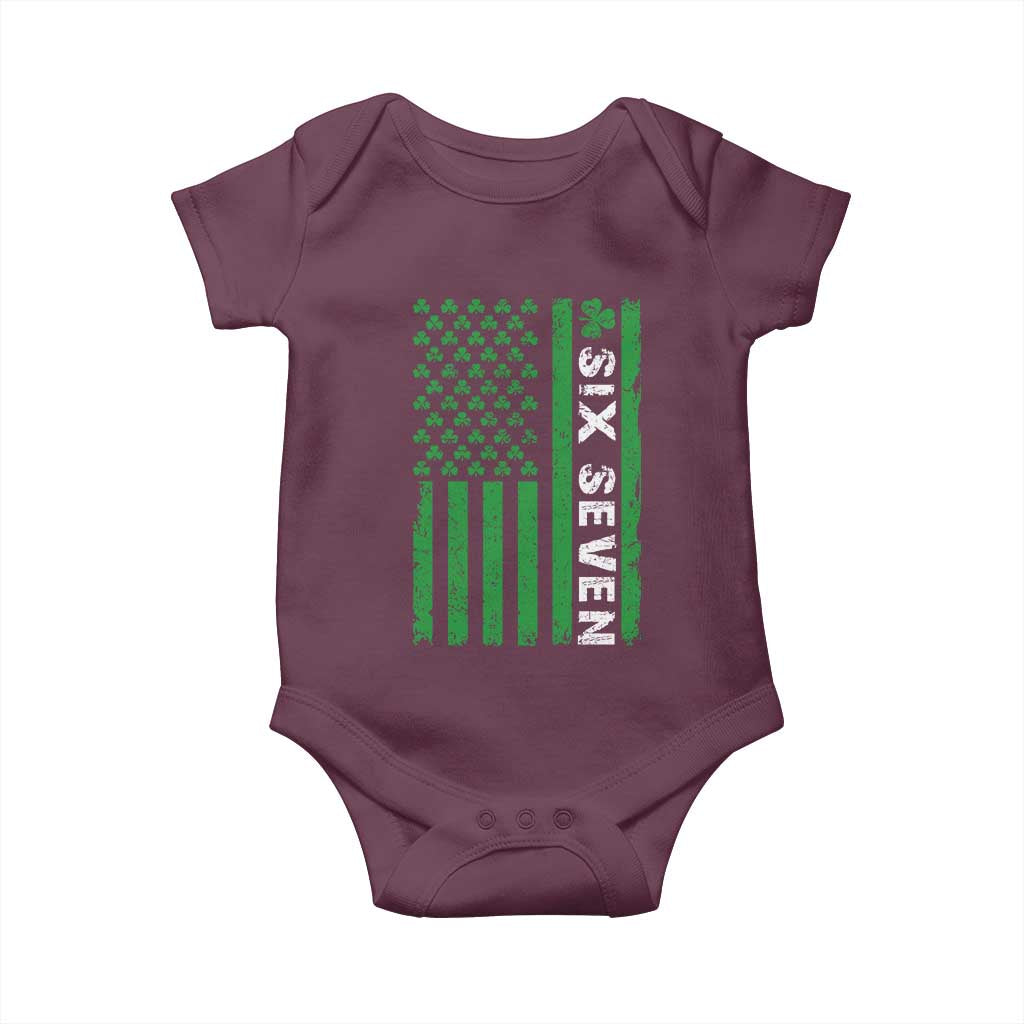 Six Seven 67 St Patricks Day Shamrock Vintage American Flag Baby Onesie