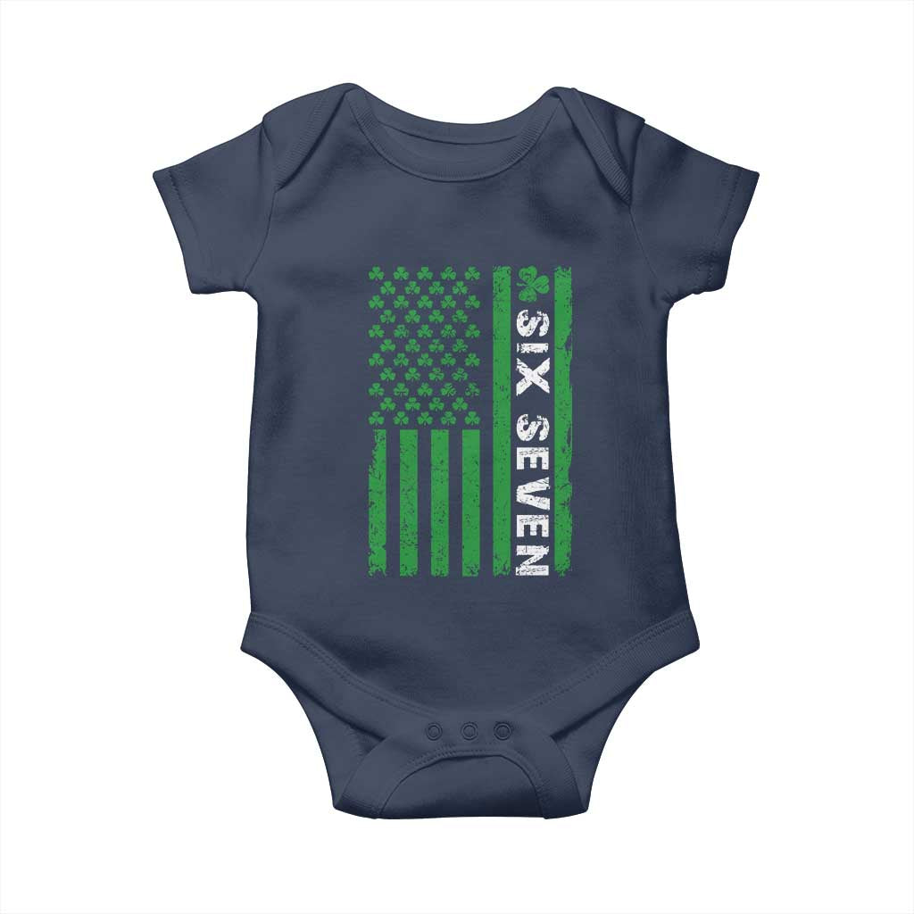 Six Seven 67 St Patricks Day Shamrock Vintage American Flag Baby Onesie