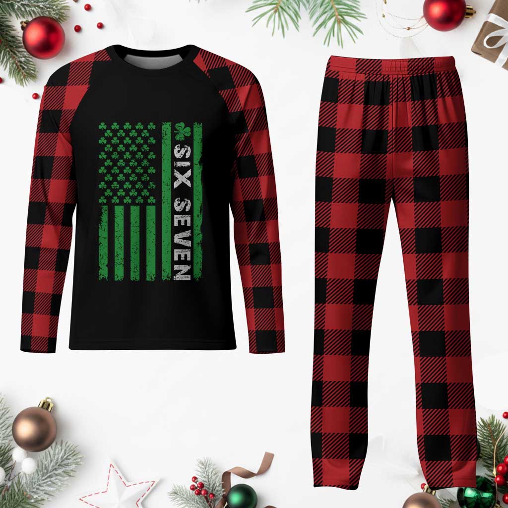 Six Seven 67 St Patricks Day Shamrock Vintage American Flag Plaid Pajama Set