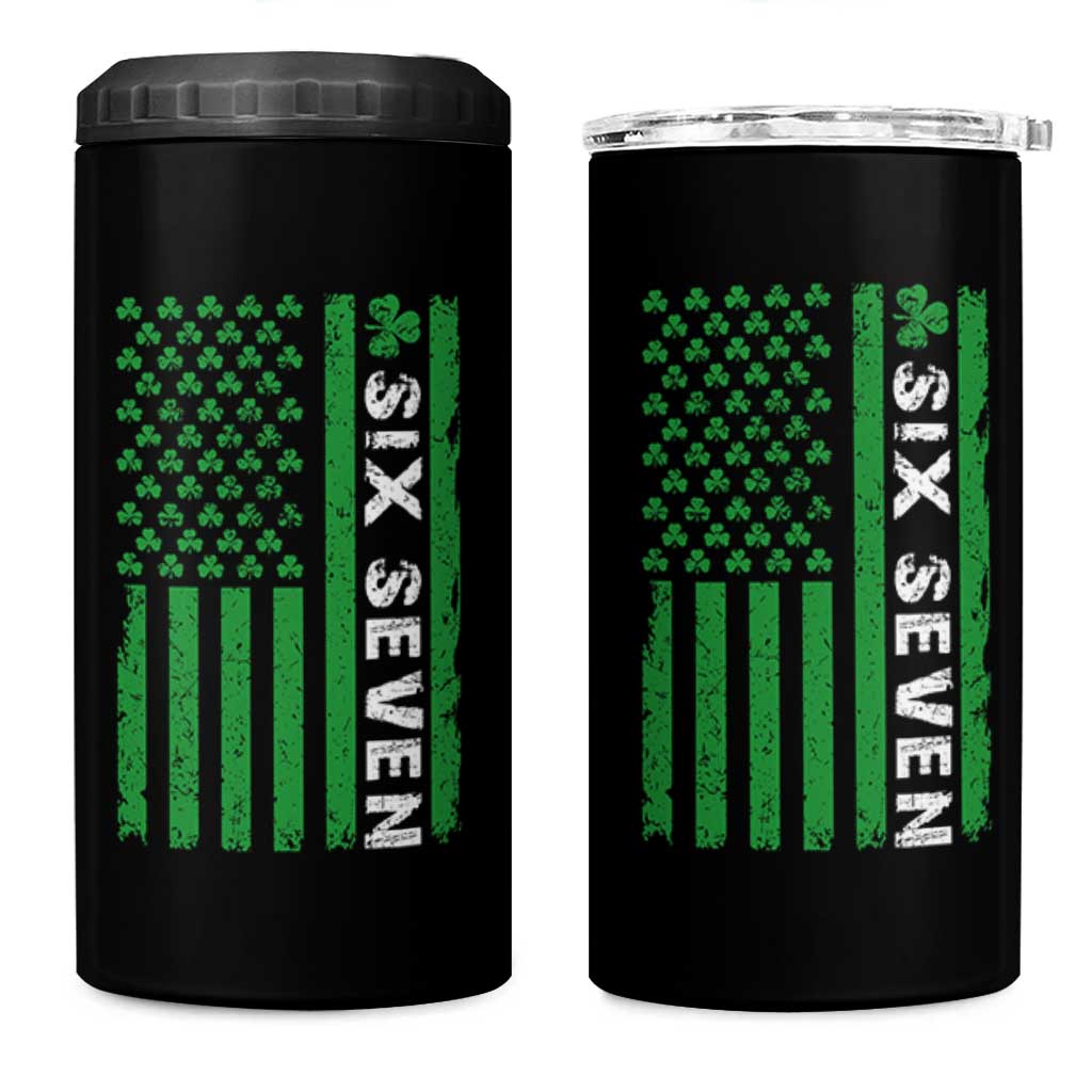 Six Seven 67 St Patricks Day Shamrock Vintage American Flag 4 in 1 Can Cooler Tumbler