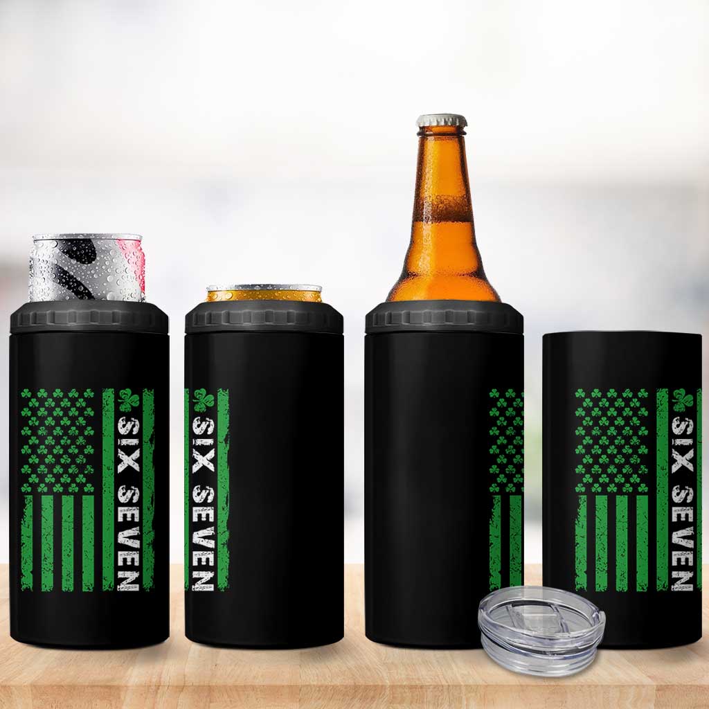Six Seven 67 St Patricks Day Shamrock Vintage American Flag 4 in 1 Can Cooler Tumbler