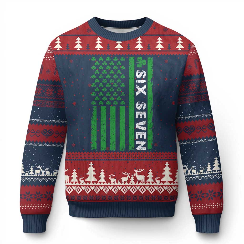 Six Seven 67 St Patricks Day Shamrock Vintage American Flag Ugly Christmas Sweater