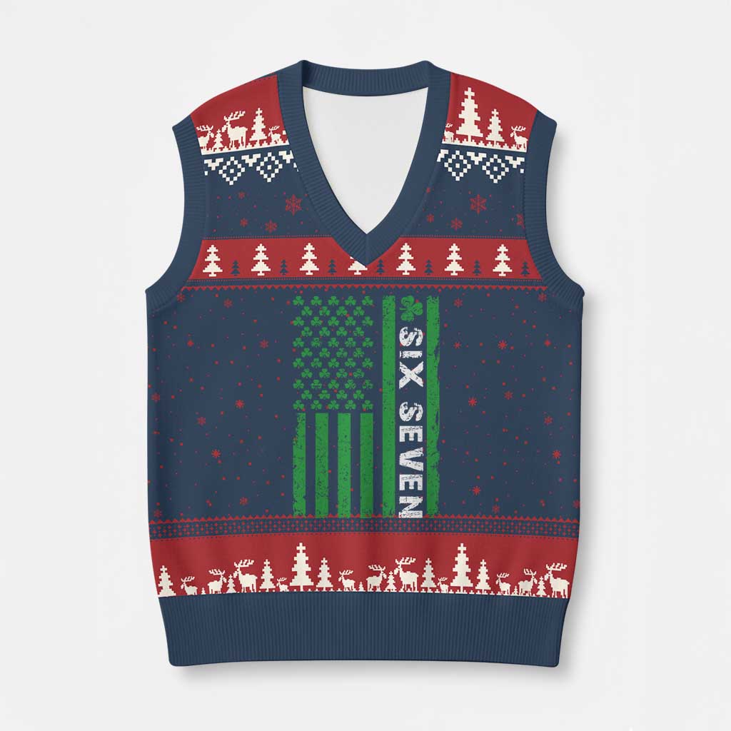 Six Seven 67 St Patricks Day Shamrock Vintage American Flag V-Neck Knit Sweater Vest
