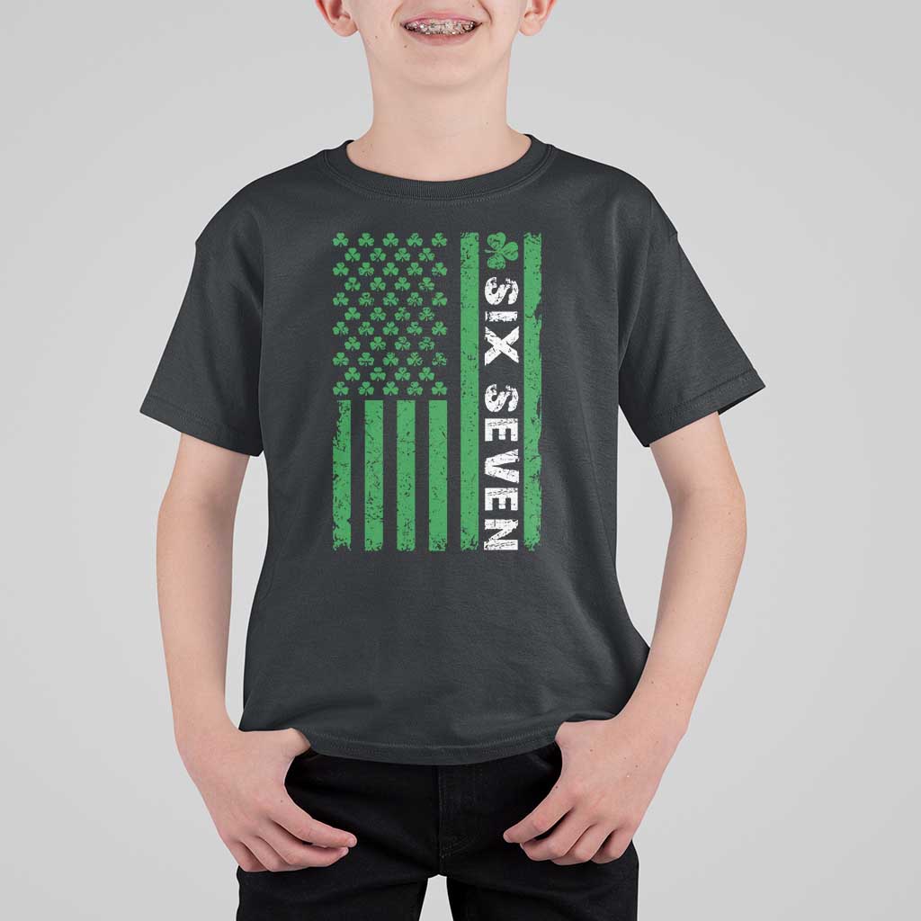 Six Seven 67 St Patricks Day Shamrock Vintage American Flag T Shirt For Kid