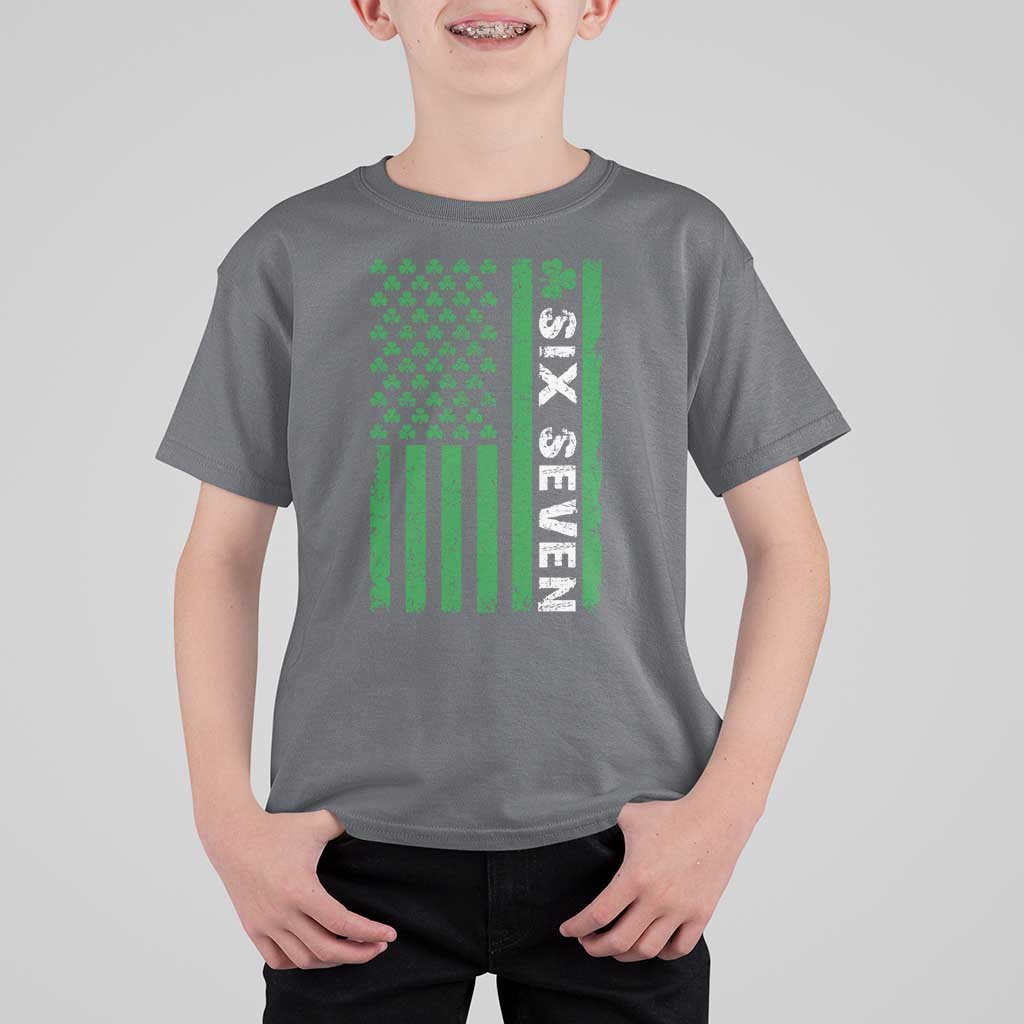 Six Seven 67 St Patricks Day Shamrock Vintage American Flag T Shirt For Kid
