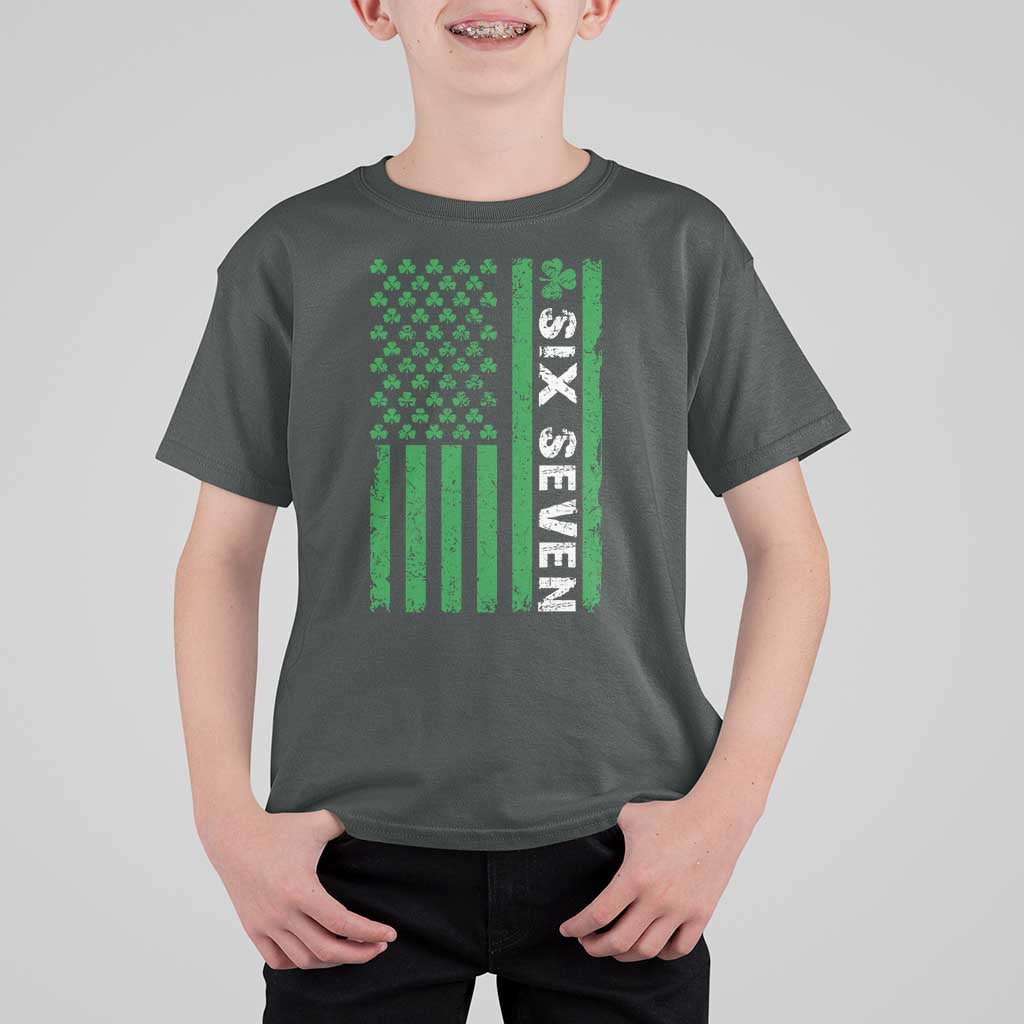 Six Seven 67 St Patricks Day Shamrock Vintage American Flag T Shirt For Kid
